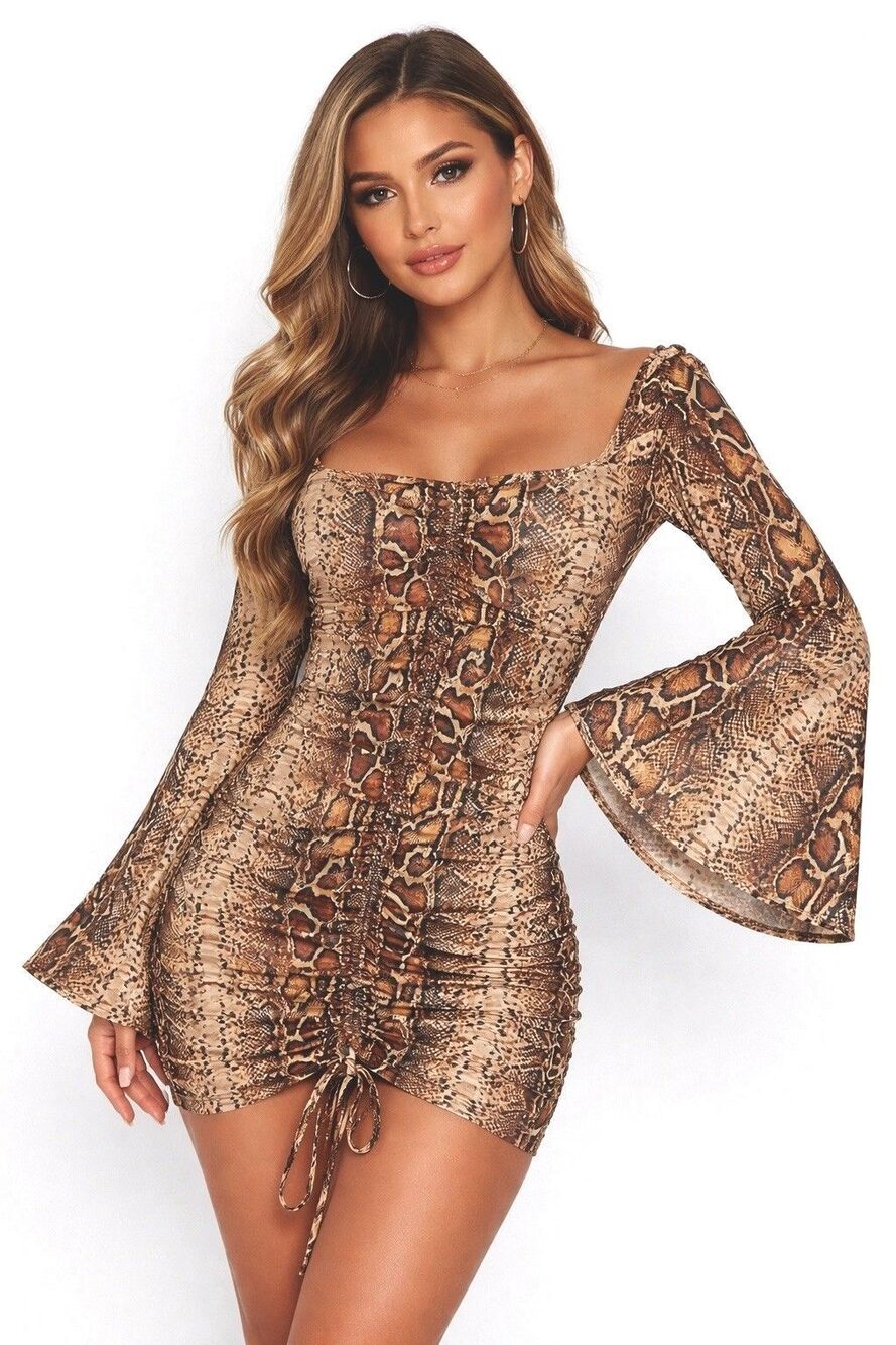 J. Our Snakeskin Print Ruched Drawstring Mini Dress Bell Sleeve Medium M
